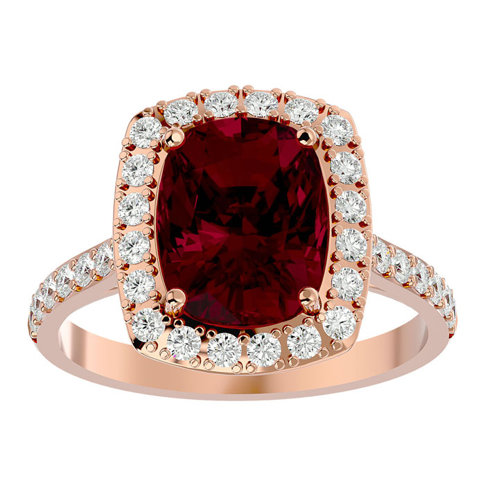 5 Carat Cushion Cut Ruby & Halo 34 Diamond Ring in 18K Rose Gold (6.50 g), , Size 4 by SuperJeweler