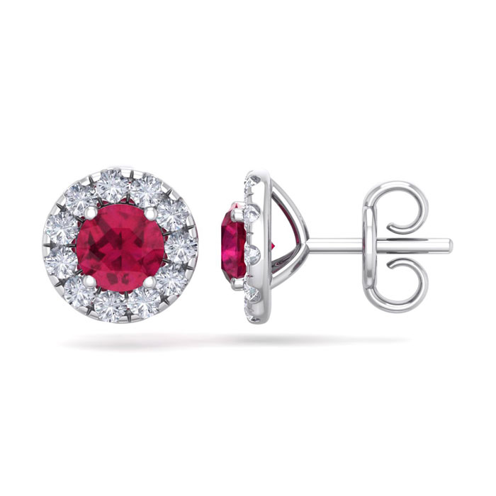 2.5 Carat Ruby & Diamond Halo Stud Earrings In 14K White Gold (2.60 G),  By SuperJeweler