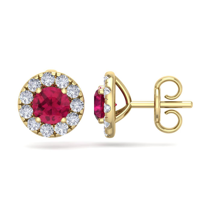 2.5 Carat Ruby & Diamond Halo Stud Earrings In 14K Yellow Gold (2.60 G),  By SuperJeweler