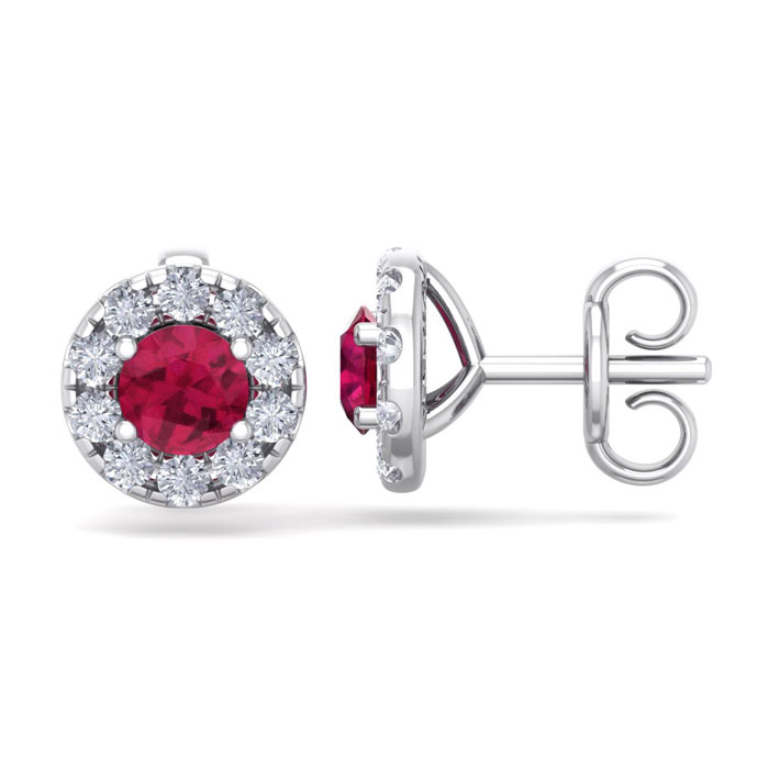 1.5 Carat Ruby & Diamond Halo Stud Earrings In 14K White Gold (2 G),  By SuperJeweler