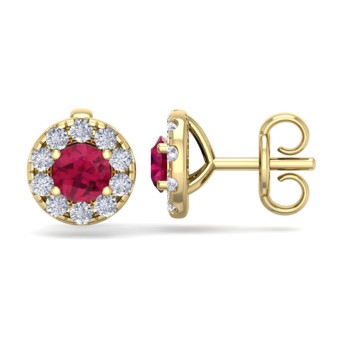 1.5 Carat Ruby & Diamond Halo Stud Earrings in 14K Yellow Gold (2 g),  by SuperJeweler