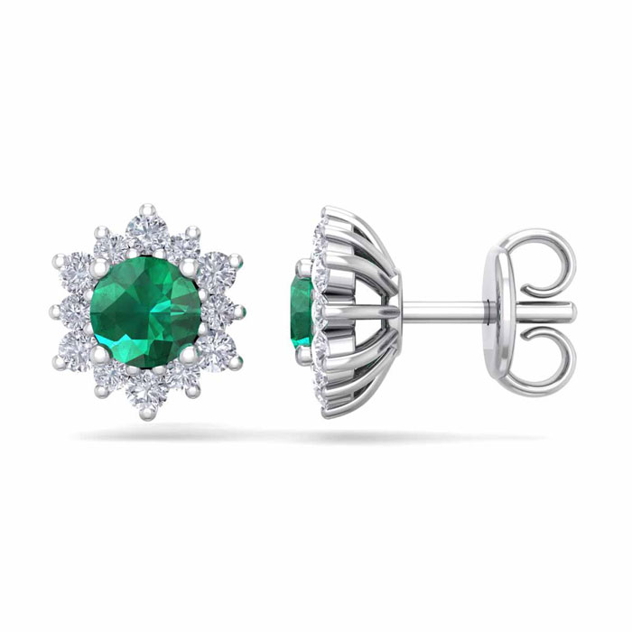 1 Carat Round Shape Flower Emerald Cut & Diamond Halo Stud Earrings In 14K White Gold (1.80 G),  By SuperJeweler