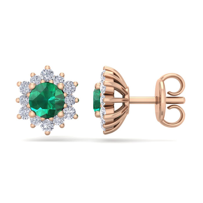 1 Carat Round Shape Flower Emerald Cut & Diamond Halo Stud Earrings In 14K Rose Gold (1.80 G),  By SuperJeweler