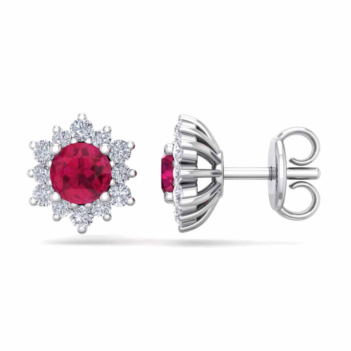 1 Carat Round Shape Flower Ruby & Diamond Halo Stud Earrings in 14K White Gold (1.80 g),  by SuperJeweler