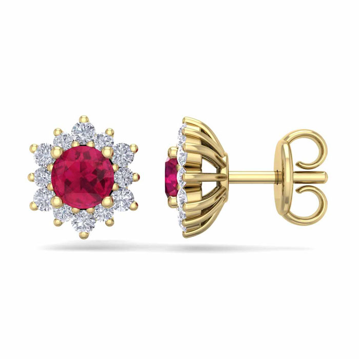 1 Carat Round Shape Flower Ruby & Diamond Halo Stud Earrings in 14K Yellow Gold (1.80 g),  by SuperJeweler