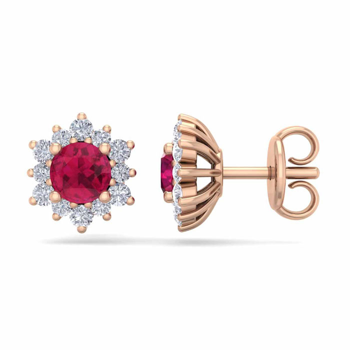 1 Carat Round Shape Flower Ruby & Diamond Halo Stud Earrings in 14K Rose Gold (1.80 g),  by SuperJeweler