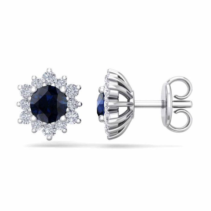 1 Carat Round Shape Flower Sapphire & Diamond Halo Stud Earrings In 14K White Gold (1.80 G),  By SuperJeweler