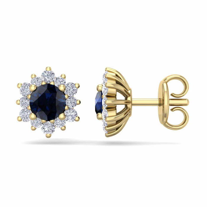1 Carat Round Shape Flower Sapphire & Diamond Halo Stud Earrings In 14K Yellow Gold (1.80 G),  By SuperJeweler