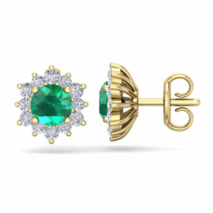 1.5 Carat Round Shape Flower Emerald Cut & Diamond Halo Stud Earrings In 14K Yellow Gold (2 G),  By SuperJeweler