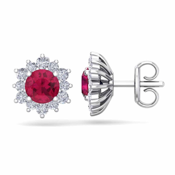 1.5 Carat Round Shape Flower Ruby & Diamond Halo Stud Earrings in 14K White Gold (2 g),  by SuperJeweler