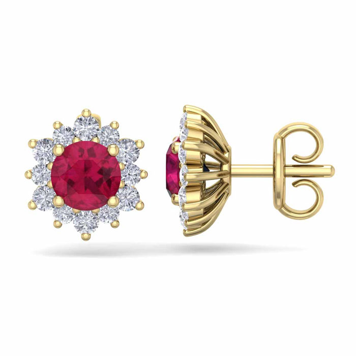 1.5 Carat Round Shape Flower Ruby & Diamond Halo Stud Earrings in 14K Yellow Gold (2 g),  by SuperJeweler