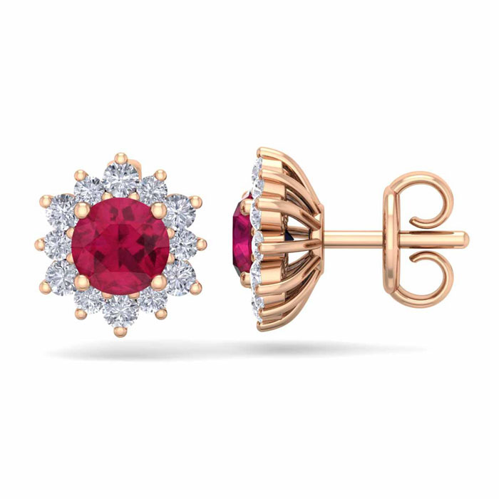 1.5 Carat Round Shape Flower Ruby & Diamond Halo Stud Earrings in 14K Rose Gold (2 g),  by SuperJeweler