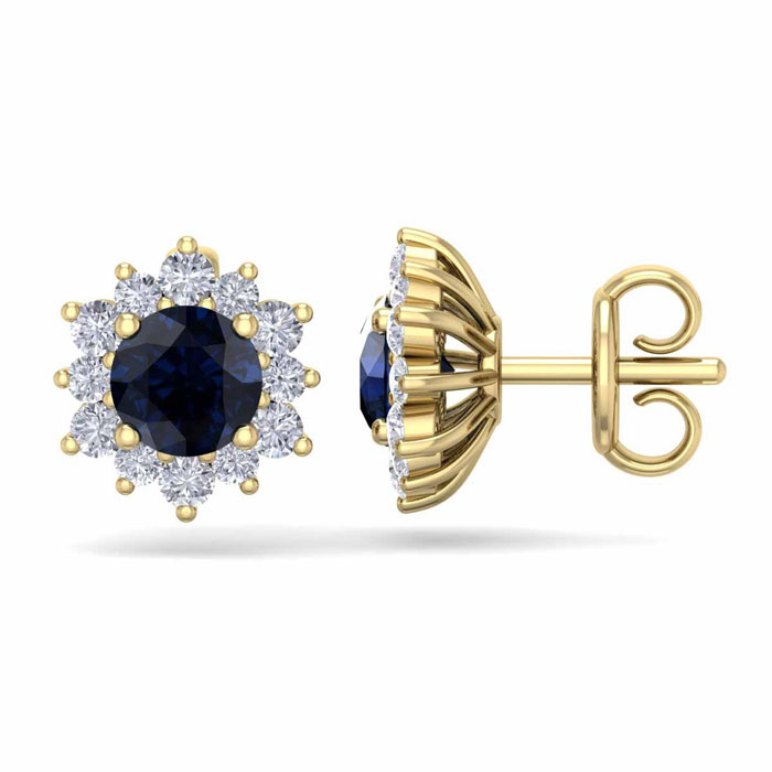 1.5 Carat Round Shape Flower Sapphire & Diamond Halo Stud Earrings in 14K Yellow Gold (2 g),  by SuperJeweler