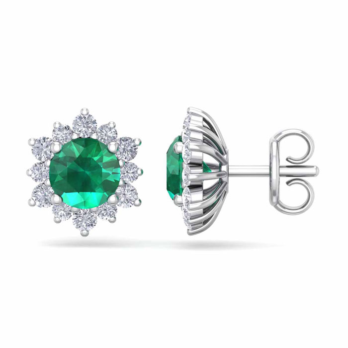2 Carat Round Shape Flower Emerald Cut & Diamond Halo Stud Earrings In 14K White Gold (2.20 G),  By SuperJeweler