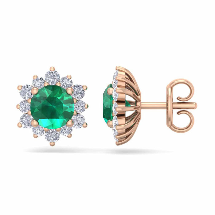 2 Carat Round Shape Flower Emerald Cut & Diamond Halo Stud Earrings in 14K Rose Gold (2.20 g),  by SuperJeweler