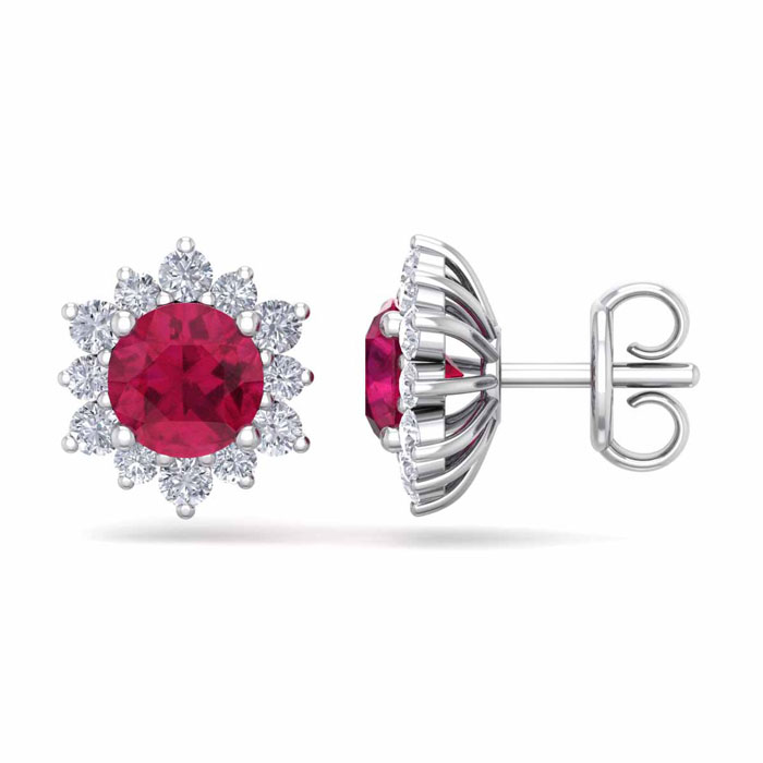 2 Carat Round Shape Flower Ruby & Diamond Halo Stud Earrings In 14K White Gold (2.20 G),  By SuperJeweler