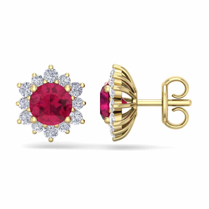 2 Carat Round Shape Flower Ruby & Diamond Halo Stud Earrings In 14K Yellow Gold (2.20 G),  By SuperJeweler