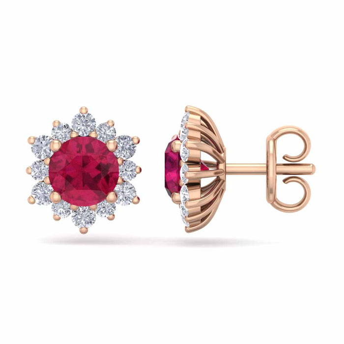 2 Carat Round Shape Flower Ruby & Diamond Halo Stud Earrings In 14K Rose Gold (2.20 G),  By SuperJeweler