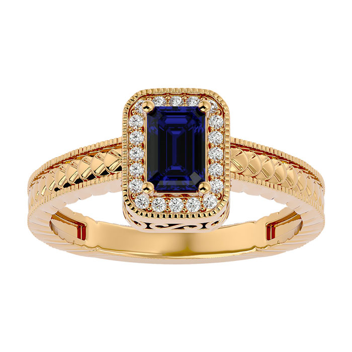 0.85 Carat Antique Style Sapphire & 20 Diamond Ring In Yellow Gold (3.20 G), , Size 4.5 By SuperJeweler