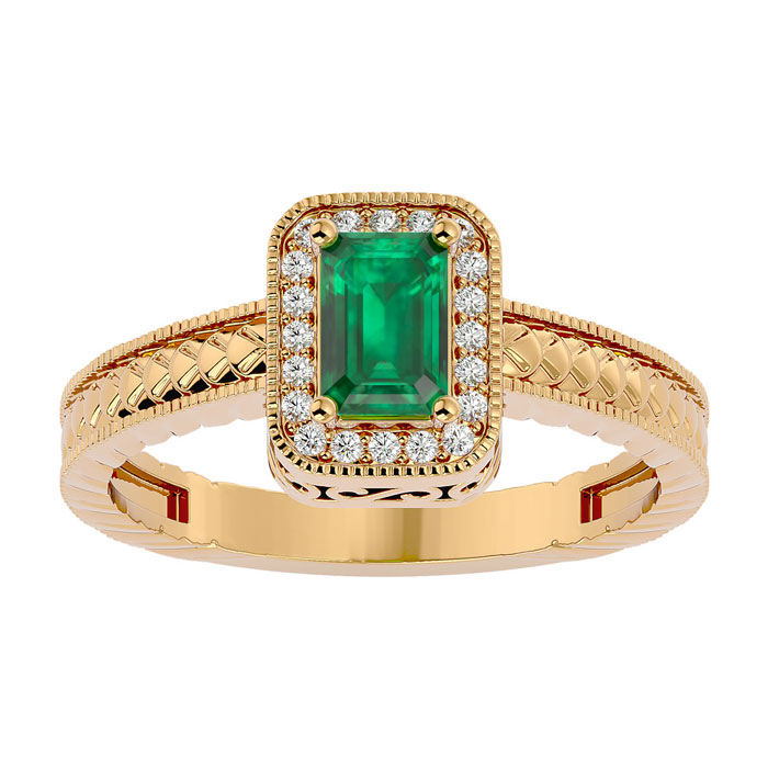 0.85 Carat Antique Style Emerald Cut & 20 Diamond Ring In Yellow Gold (3.20 G), , Size 4 By SuperJeweler