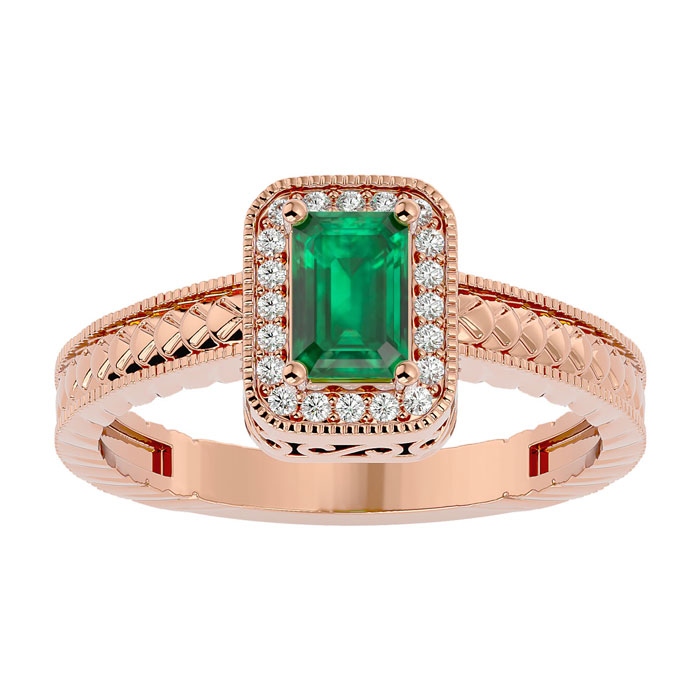 0.85 Carat Antique Style Emerald Cut & 20 Diamond Ring in Rose Gold (3.20 g), , Size 4 by SuperJeweler