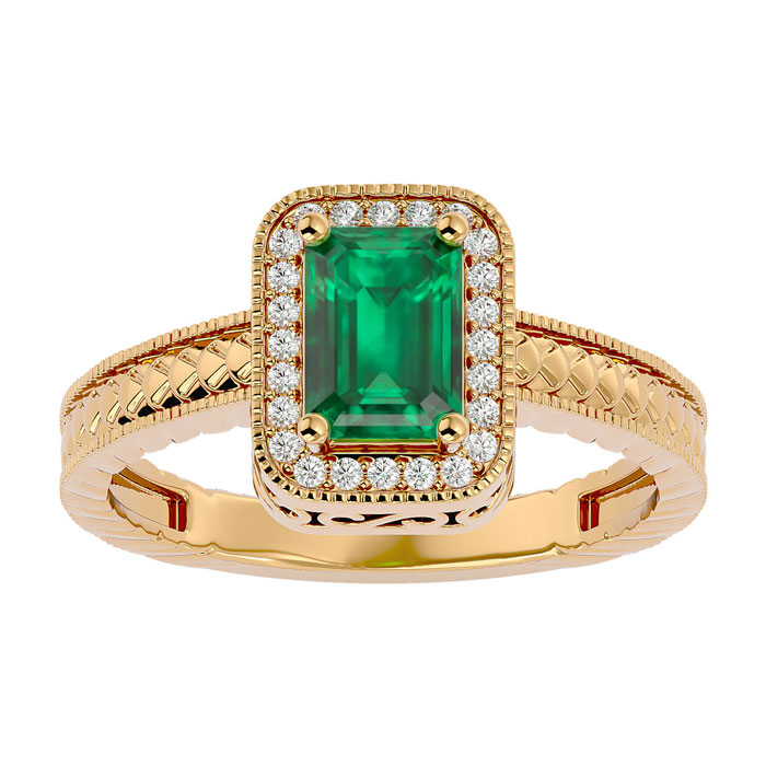 1.12 Carat Antique Style Emerald Cut & 24 Diamond Ring in Yellow Gold (3.20 g), , Size 4.5 by SuperJeweler