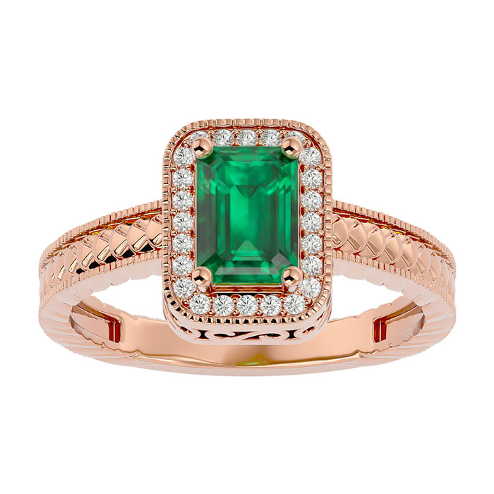 1.12 Carat Antique Style Emerald Cut & 24 Diamond Ring In Rose Gold (3.20 G), , Size 4.5 By SuperJeweler