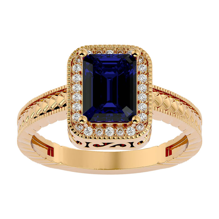 2 Carat Antique Style Sapphire & 26 Diamond Ring in 14K Yellow Gold (3.90 g), , Size 4 by SuperJeweler