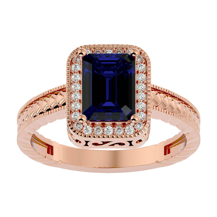 2 Carat Antique Style Sapphire & 26 Diamond Ring In 14K Rose Gold (3.90 G), , Size 4 By SuperJeweler