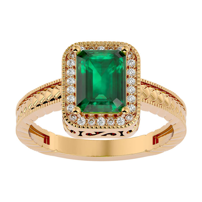 2 Carat Antique Style Emerald Cut & 26 Diamond Ring In 14K Yellow Gold (3.90 G), , Size 4 By SuperJeweler