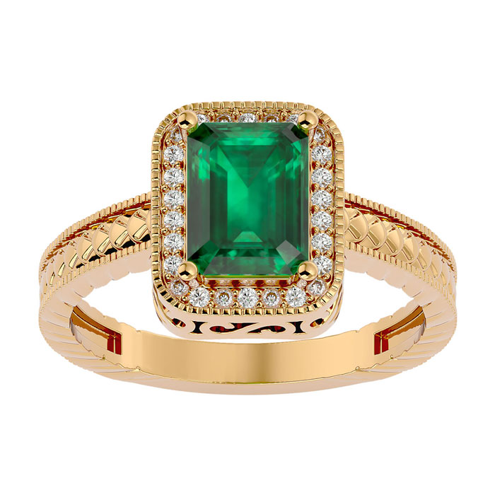 2 Carat Antique Style Emerald Cut & 26 Diamond Ring in 14K Yellow Gold (3.90 g), , Size 4 by SuperJeweler