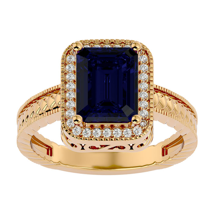 2.5 Carat Antique Style Sapphire & 30 Diamond Ring In 14K Yellow Gold (4.50 G), , Size 4 By SuperJeweler