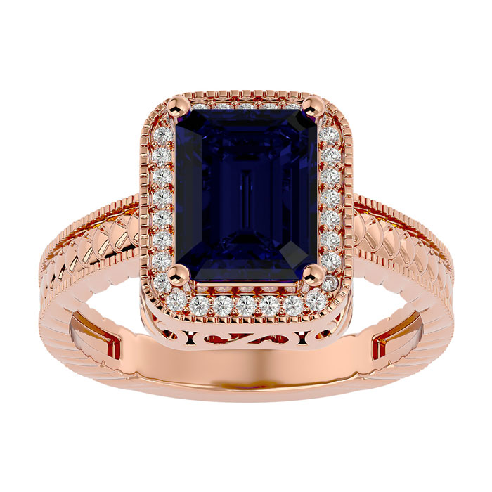 2.5 Carat Antique Style Sapphire & 30 Diamond Ring In 14K Rose Gold (4.50 G), , Size 4 By SuperJeweler
