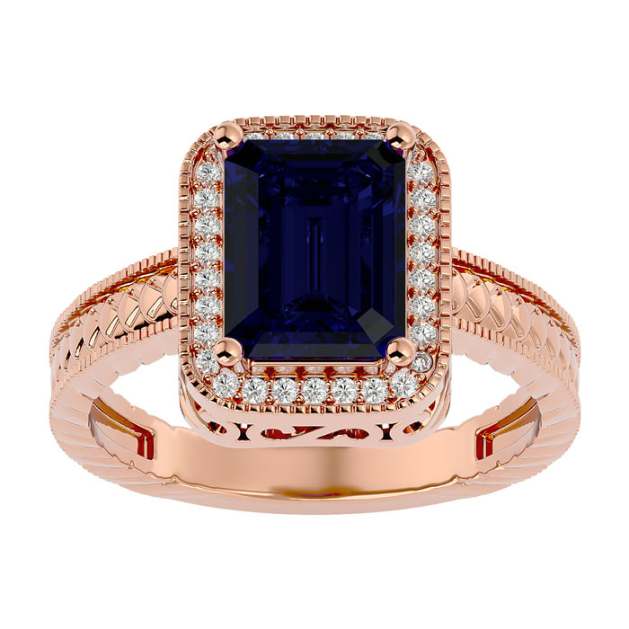 2.5 Carat Antique Style Sapphire & 30 Diamond Ring in 14K Rose Gold (4.50 g), , Size 4 by SuperJeweler