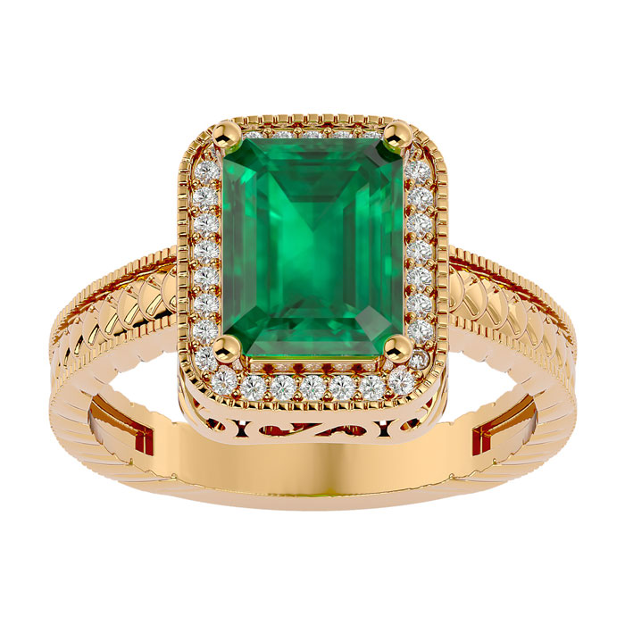 2.5 Carat Antique Style Emerald Cut & 30 Diamond Ring in 14K Yellow Gold (4.50 g), , Size 4 by SuperJeweler