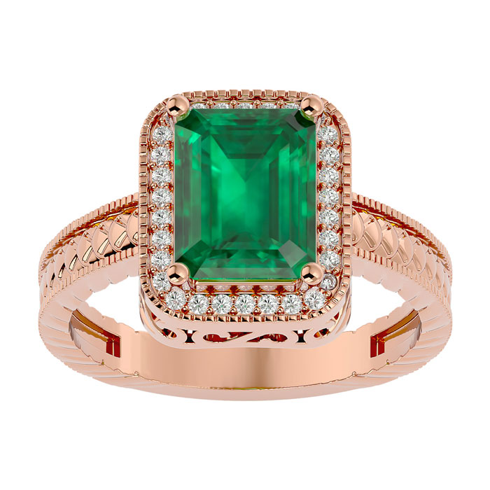 2.5 Carat Antique Style Emerald Cut & 30 Diamond Ring in 14K Rose Gold (4.50 g), , Size 4 by SuperJeweler