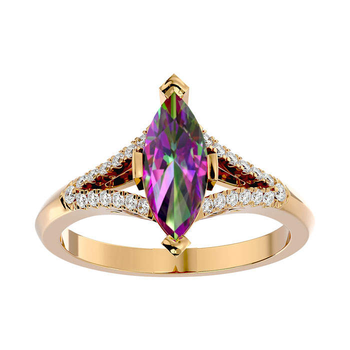 2 1/4 Carat Marquise Shape Mystic Topaz & 26 Diamond Ring in 14K Yellow Gold (4.10 g), , Size 4 by SuperJeweler