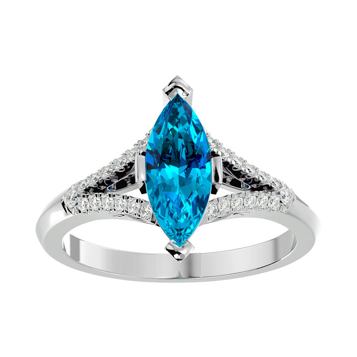 2 1/4 Carat Marquise Shape Blue Topaz & 26 Diamond Ring in 14K White Gold (4.10 g), , Size 4 by SuperJeweler