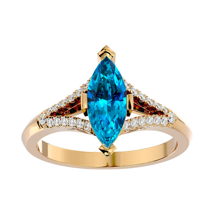 2 1/4 Carat Marquise Shape Blue Topaz & 26 Diamond Ring in 14K Yellow Gold (4.10 g), , Size 4 by SuperJeweler