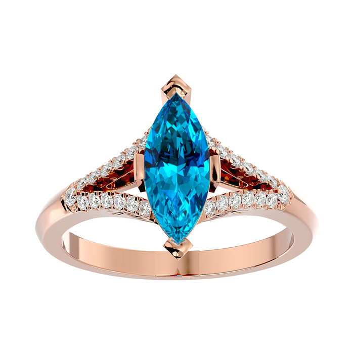 2 1/4 Carat Marquise Shape Blue Topaz & 26 Diamond Ring in 14K Rose Gold (4.10 g), , Size 4 by SuperJeweler