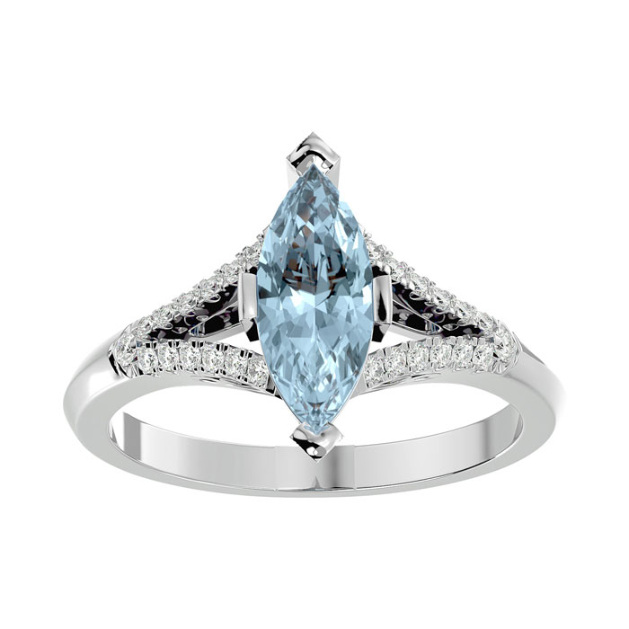 1 3/4 Carat Marquise Shape Aquamarine & 26 Diamond Ring in 14K White Gold (4.10 g), , Size 4 by SuperJeweler
