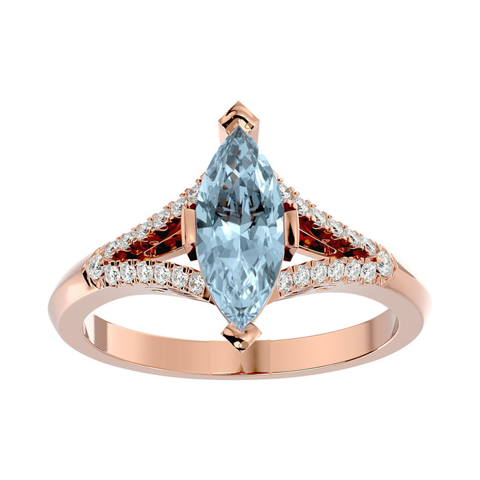 1 3/4 Carat Marquise Shape Aquamarine & 26 Diamond Ring in 14K Rose Gold (4.10 g), , Size 4 by SuperJeweler