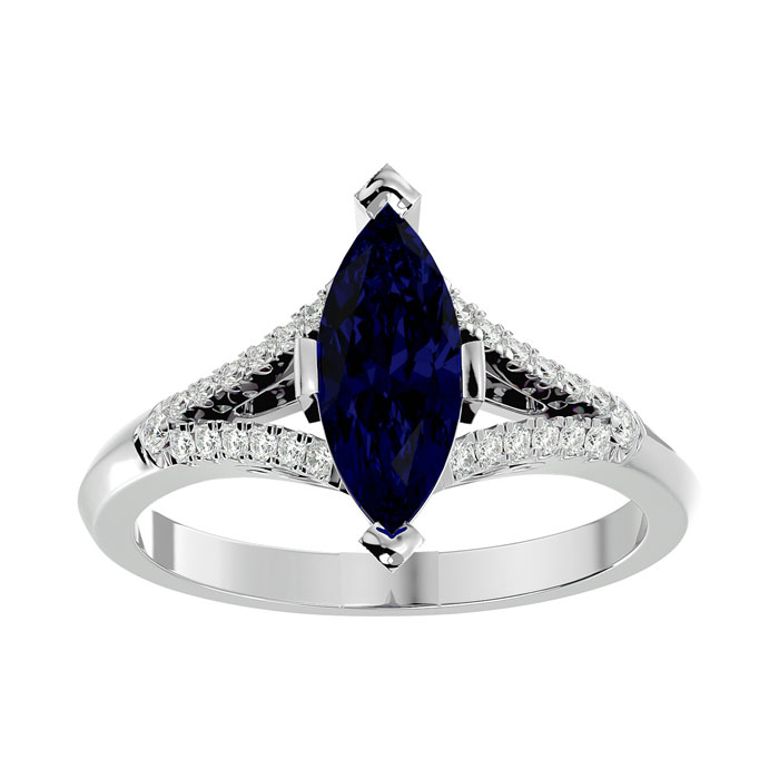 2.5 Carat Marquise Shape Sapphire & 26 Diamond Ring in 14K White Gold (4.10 g), , Size 4 by SuperJeweler