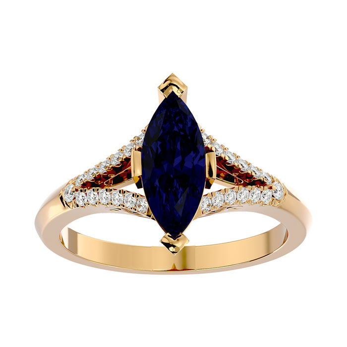 2.5 Carat Marquise Shape Sapphire & 26 Diamond Ring In 14K Yellow Gold (4.10 G), I-J, Size 4 By SuperJeweler