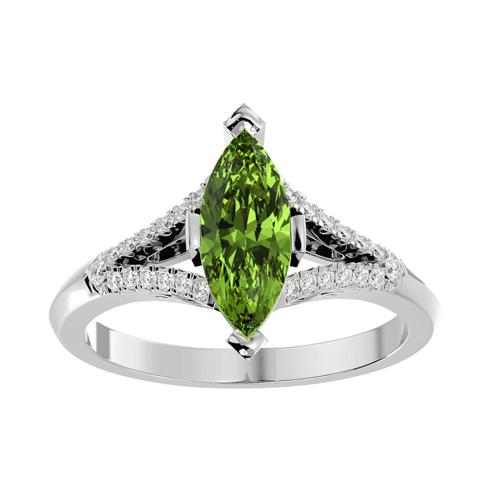 2 1/4 Carat Marquise Shape Peridot & 26 Diamond Ring in 14K White Gold (4.10 g), , Size 4 by SuperJeweler