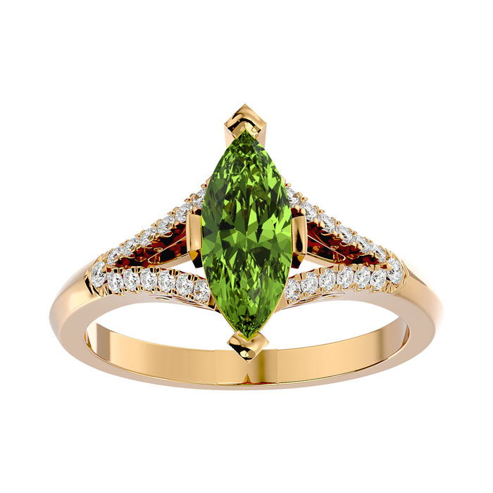 2 1/4 Carat Marquise Shape Peridot & 26 Diamond Ring in 14K Yellow Gold (4.10 g), , Size 4 by SuperJeweler