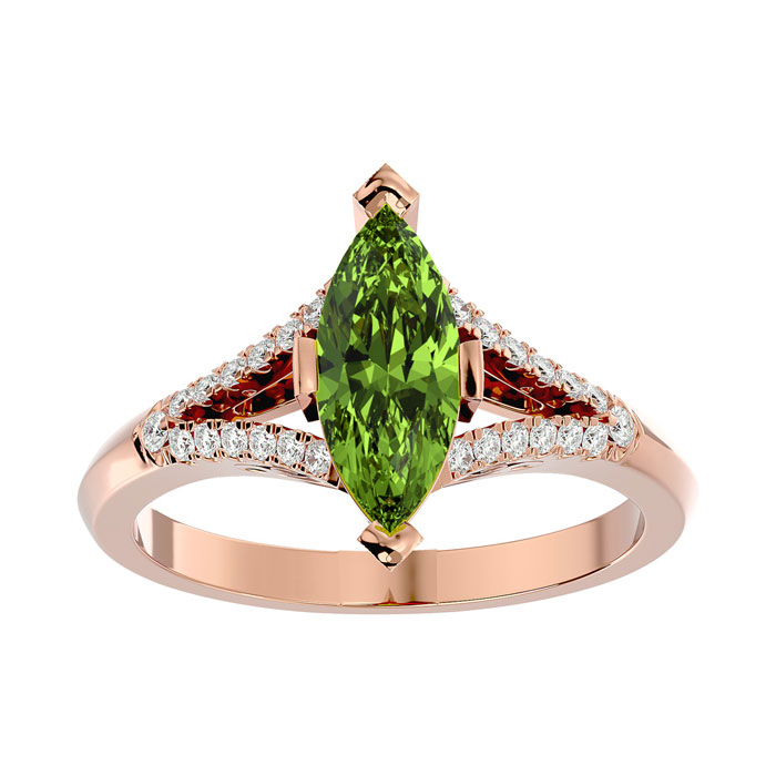 2 1/4 Carat Marquise Shape Peridot & 26 Diamond Ring in 14K Rose Gold (4.10 g), , Size 4 by SuperJeweler