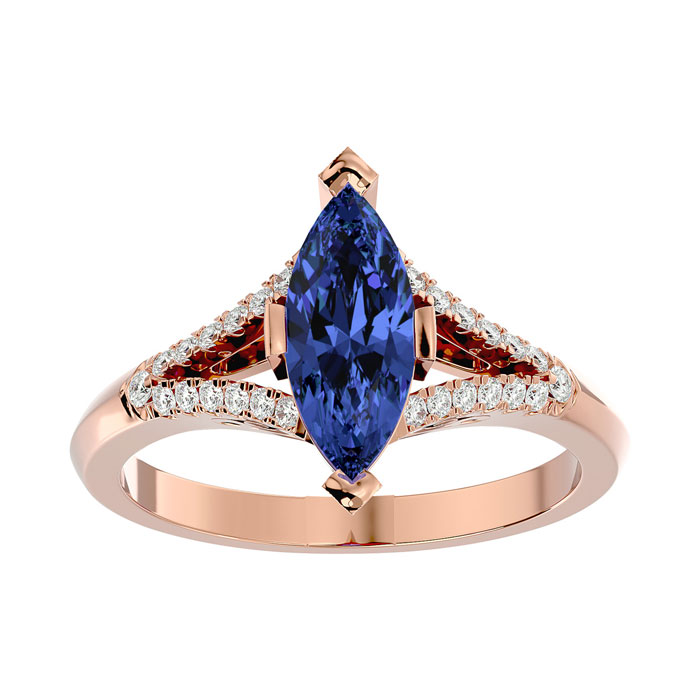 2 Carat Marquise Shape Tanzanite & 26 Diamond Ring In 14K Rose Gold (4.10 G), I-J, Size 4 By SuperJeweler