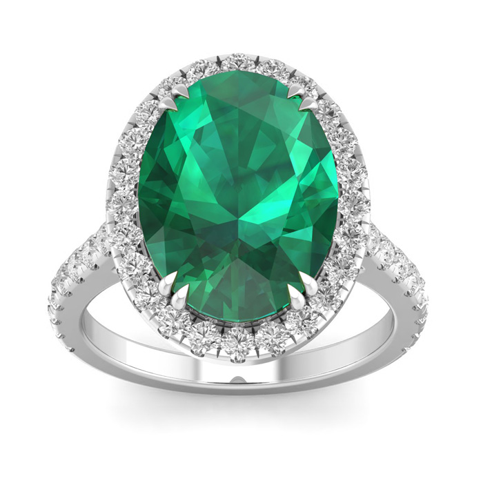 9.15 Carat Oval Shape Zambian Emerald Cut & 42 Diamond Ring in 14K White Gold (4.70 g), , Size 4 by SuperJeweler