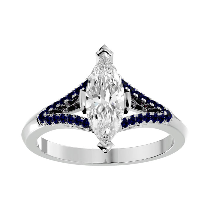 1.25 Carat Marquise Shape Diamond & Sapphire Engagement Ring in 14K White Gold (4.10 g) (, SI2-I1), Size 4 by SuperJeweler